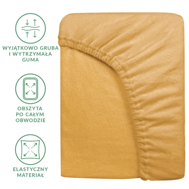 Prześcieradło frotte w kolorze musztardowym o wymiarach 140x200 cm, leżące na płasko. Posiada elastyczną gumkę wszytą po całym obwodzie, co zapewnia łatwe dopasowanie. Tekstura miękka, z wyraźnym splotem materiału.