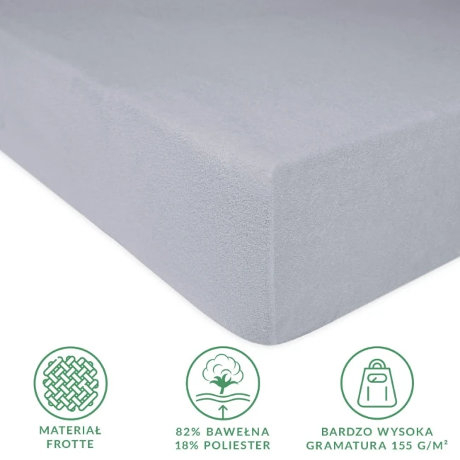 Prześcieradło frotte 140x200 w kolorze popielatym, leżące na płaskiej powierzchni. Materiał o wysokiej gramaturze 155 g/m², o miękkiej fakturze. Widoczne oznaczenia: skład 82% bawełny, 18% poliestru. Brak wzorów lub dekoracji.