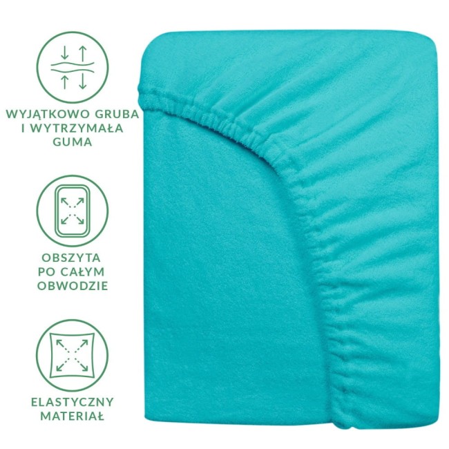 Prześcieradło frotte z gumką w kolorze turkusowym, rozmiar 140x200 cm, z widoczną elastyczną guma obwodową. Ujęcie frontalne, produkt leży na płaskiej powierzchni, ukazując miękką fakturę materiału. Na tle logo i opisy dotyczące cech materii.