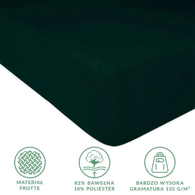 Prześcieradło frotte z gumką 140x200 w kolorze zieleni butelkowej, leżące na płaskiej powierzchni. Materiał z fakturą frotte, zapewniający miękkość i komfort. Widoczne informacje o składzie materiału: 82% bawełna, 18% poliester.