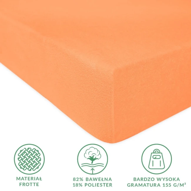 Prześcieradło frotte z gumką w kolorze łososia, leżące na białym tle. Widoczne rogowe gumki, wykończenie o miękkiej fakturze. Widok z boku, ukazujący ściśle dopasowany kształt oraz materiał 82% bawełna, 18% poliester.