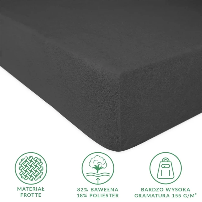 Prześcieradło frotte 160x200 w kolorze antracytowym, leżące na płaskiej powierzchni. Wykonane z materiału 82% bawełna i 18% poliester, o teksturowanej powierzchni. Widoczna elastyczna gumka, która mocno trzyma prześcieradło na materacu.
