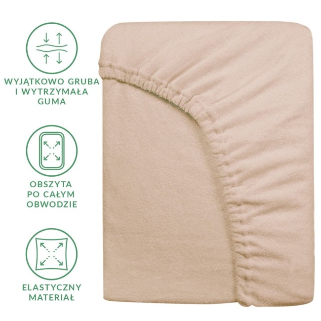 Prześcieradło frotte z gumką 160x200 w kolorze beżowym, ułożone płasko. Widoczna elastyczna guma obszyta po całym obwodzie, delikatna faktura materiału. Zdjęcie na jednolitym tle, podkreślające szczegóły produktu.