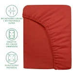 Prześcieradło frotte z gumką w kolorze bordo, rozmiar 160x200, ułożone leżąco. Widać elastyczny materiał oraz szczegóły obszytu po całym obwodzie. Dodatkowe informacje dotyczące grubej gumy, wytrzymałości oraz elastyczności przedstawione w formie ikon.