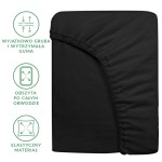 Prześcieradło frotte z gumką 160x200 w kolorze czarnym, leżące na jednolitym tle. Widać wywinięty brzeg i elastyczną konstrukcję gumki przy brzegach, zapewniającą doskonałe dopasowanie.
