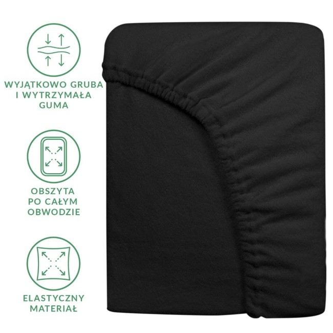 Prześcieradło frotte z gumką 160x200 w kolorze czarnym, leżące na jednolitym tle. Widać wywinięty brzeg i elastyczną konstrukcję gumki przy brzegach, zapewniającą doskonałe dopasowanie.
