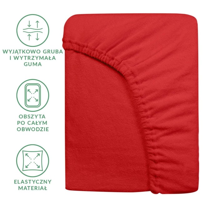 Prześcieradło frotte z gumką w kolorze czerwonym, leżące na jednolitym tle. Produkt ma elastyczny materiał oraz obszycie po całym obwodzie. Widoczna jest gruba, wytrzymała guma ułatwiająca mocowanie. Idealne do łóżek o wymiarach 160x200 cm.