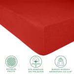 Prześcieradło frotte z gumką w kolorze intensywnej czerwieni, o wymiarach 160x200 cm. Pokazuje leżący materiał z teksturą frotte, zapewniającą miękkość. Widoczne ikonki wskazujące na skład: 82% bawełna, 18% poliester oraz wysoka gramatura 155 g/m².