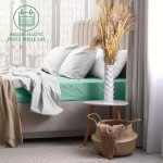 Prześcieradło frotte z gumką 160x200 w jasnym turkusie, leżące na łóżku otoczonym poduszkami i kocem. W tle widoczna jasna zasłona i dekoracyjny wazon z suszonymi kwiatami. Produkt jest rozłożony na materacu, dobrze dopasowany.