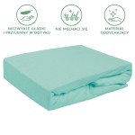 Prześcieradło frotte z gumką w kolorze jasnego turkusu, leżące na jednolitym tle. Materiał jest miękki i teksturowany, z wykończeniem krawędzi pozwalającym na łatwe napinanie na materac. Wymiary 160x200 cm, idealne do standardowego łóżka.
