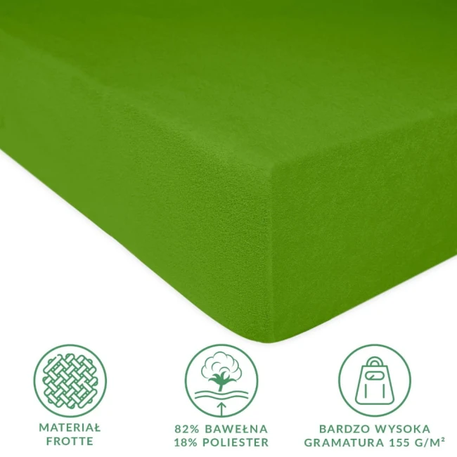 Prześcieradło frotte z gumką w kolorze kaktus, rozmiar 160x200 cm, o gładkiej teksturze, leży na jednolitym tle. Widoczne informacje o składzie materiału: 82% bawełna, 18% poliester oraz wysoka gramatura 155 g/m².