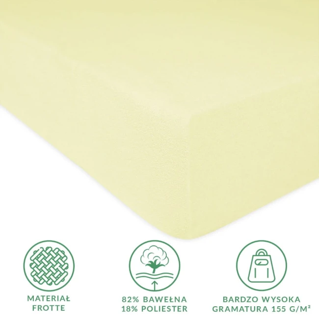 Prześcieradło frotte z gumką w kolorze kremowym o wymiarach 160x200 cm, wykonane z materiału z 82% bawełny i 18% poliestru. Widok z góry, zbliżenie na kształt i fakturę, na prostym tle. Wysoka gramatura 155 g/m².