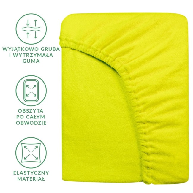 Prześcieradło frotte z gumką w kolorze limonkowym o wymiarach 160x200 cm, z elastycznym materiałem, gruba, wytrzymała guma wszyta po całym obwodzie. Produkt leży na tle, ukazując teksturę i detal gumki.
