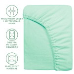 Prześcieradło frotte z gumką w kolorze morskim, rozmiar 160x200 cm. Produkt leży na jednolitym tle, z widoczną elastyczną gumą obwodową. Widać teksturę materiału, a także szczegóły wykończenia, takie jak stębnowanie na krawędzi.