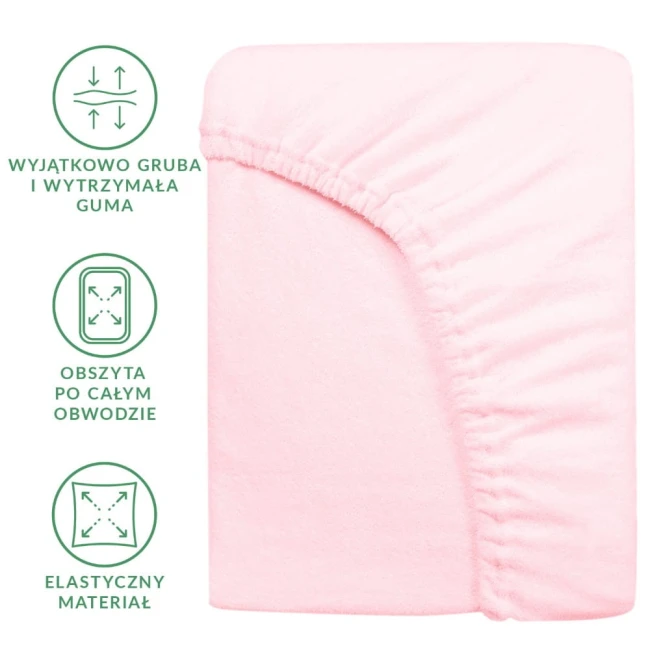 Prześcieradło frotte z gumką 160x200 w kolorze róż kwarcowy, wykonane z elastycznego materiału, z obwodem wykończonym mocną gumą. Ujęcie z przodu, prezentujące fakturę materiału i wykończenie. Produkt leży na białym tle, co podkreśla jego kolor.