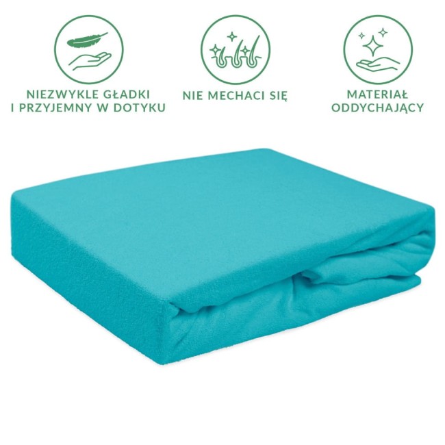 Prześcieradło frotte z gumką 160x200 w kolorze turkusowym, leżące w pozycji złożonej. Materiał jest gładki i przyjemny w dotyku, widoczne informacje o łatwości w pielęgnacji. Tło jednolite, co podkreśla kolor i fakturę produktu.