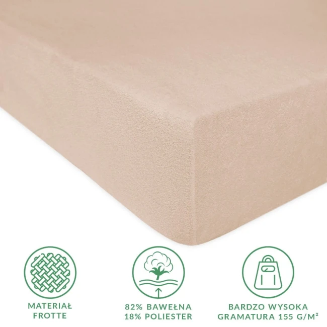 Prześcieradło frotte 180x200 w kolorze beżowym, leżące na białym tle. Widoczna tekstura tkaniny, wykonanego w 82% z bawełny i 18% z poliestru. Zaznaczona wysoka gramatura materiału (155 g/m²). Brak widocznych napisów lub logo.
