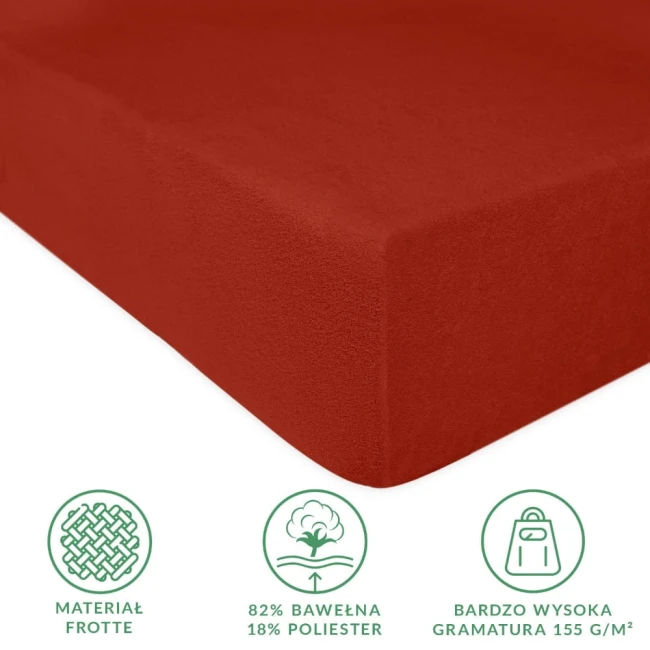 Prześcieradło frotte z gumką w kolorze bordo, w rozmiarze 180x200 cm. Wykonane z 82% bawełny i 18% poliestru, charakteryzuje się wysoką gramaturą 155 g/m². Widoczny detal to faktura materiału, która zapewnia wygodę i trwałość.