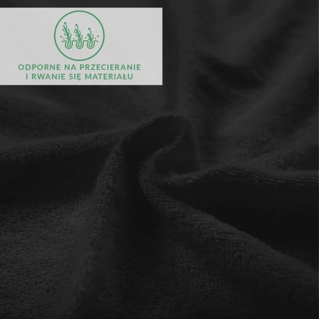 Prześcieradło frotte z gumką w kolorze czarnym, z widoczną teksturą materiału, złożone w sposób ukazujący jego miękkość. W lewym górnym rogu znajduje się informacja graficzna o odporności na przetarcia i rwanie materiału.