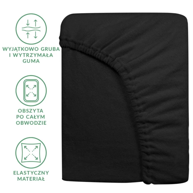 Prześcieradło frotte z gumką 180x200, kolor czarny, leżące na tle. Widoczna elastyczna guma obszyta po całym obwodzie, materiał o jedwabistej fakturze. Zbliżenie na szwy, ukazujące solidne wykończenie. Idealne do większego łóżka.