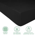 Prześcieradło frotte z gumką w kolorze czarnym, wymiary 180x200 cm. Wykonane z materiału frotte, 82% bawełny i 18% poliestru, z bardzo wysoką gramaturą 155 g/m². Zbliżenie na krawędź i teksturę.