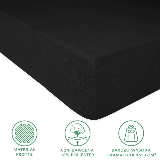 Prześcieradło frotte z gumką w kolorze czarnym, wymiary 180x200 cm. Wykonane z materiału frotte, 82% bawełny i 18% poliestru, z bardzo wysoką gramaturą 155 g/m². Zbliżenie na krawędź i teksturę.
