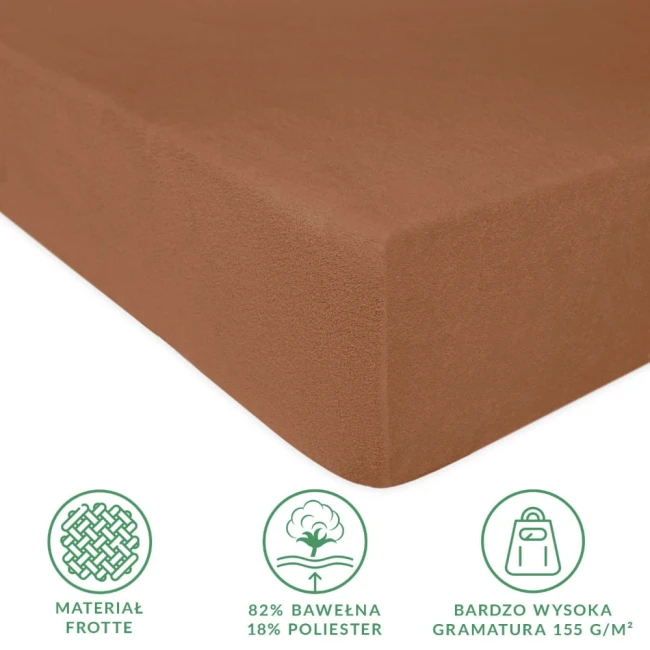 Prześcieradło frotte z gumką 180x200 w kolorze czekolady, przedstawione z góry, leżące na płaskiej powierzchni. Materiał składa się z 82% bawełny i 18% poliestru, charakteryzujące się wysoką gramaturą 155 g/m².