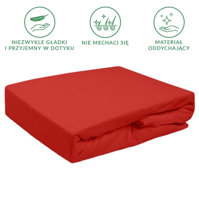 Prześcieradło frotte z gumką w kolorze intensywnej czerwieni, rozmiar 180x200 cm, leżące na płaskiej powierzchni. Produkt z gładką, delikatną fakturą, z widoczną gumką zabezpieczającą. Tło jednolite, co podkreśla intensywność koloru.