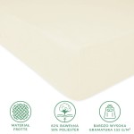 Prześcieradło frotte z gumką w kolorze ecru, rozmiar 180x200 cm, leżące na białym tle. Materiał o składzie 82% bawełny i 18% poliestru, z wysoką gramaturą 155 g/m². Widoczna tekstura frotte oraz ikony dotyczące materiału, gramatury i składu.