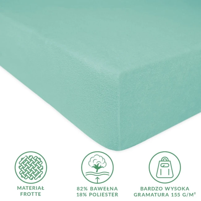 Prześcieradło frotte z gumką 180x200 w jasnym turkusie, leżące na płasko. Wykonane z 82% bawełny i 18% poliestru, o wysokiej gramaturze 155 g/m². Widoczne szczegóły materiału i tekstura. Brak innych akcesoriów w tle.