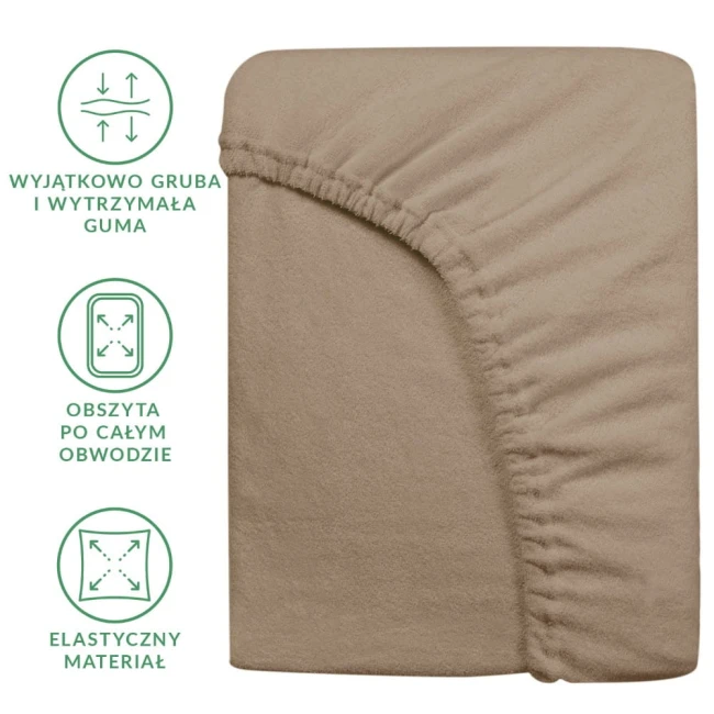 Prześcieradło frotte z gumką w kolorze kakao, o wymiarach 180x200 cm. Ułożone płasko, z widoczną elastyczną gumą obwodową oraz miękką, teksturowaną powierzchnią. Widoczne oznaczenia na boku informujące o grubości i wytrzymałości gumy.