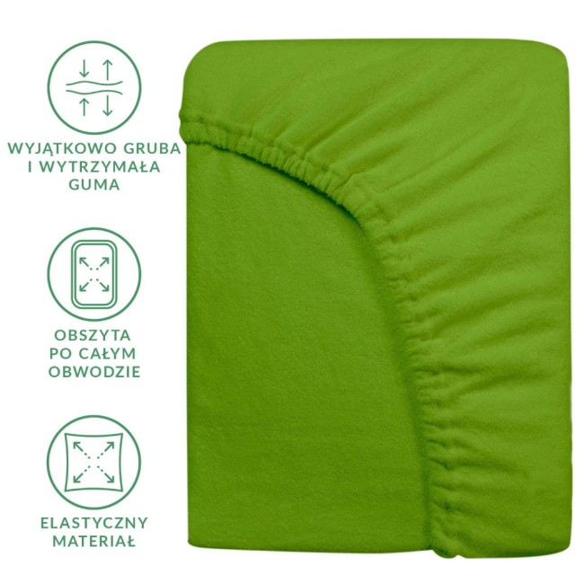 Prześcieradło frotte z gumką w kolorze kaktus, leżące na płaskiej powierzchni. Zbliżenie na materiał z widoczną fakturą oraz elastyczną gumką przyszytą wzdłuż brzegu. Obszytka zapewnia idealne dopasowanie do materaca o wymiarach 180x200 cm.