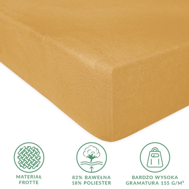 Prześcieradło frotte z gumką w kolorze musztardowym, o wymiarach 180x200 cm, leżące na gładkiej powierzchni. Wykonane z materiału 82% bawełna, 18% poliester. Widoczna tekstura, deklaracja gramatury 155 g/m² oraz skład materiałowy w formie graficznej.