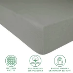 Prześcieradło frotte z gumką w kolorze szarym, rozmiar 180x200 cm. Ułożone poziomo, z widoczną teksturą materiału. Z lekkim zbliżeniem na krawędzie, ukazującym elastyczną gumkę. Informacje o składzie: 82% bawełna, 18% poliester oraz gramatura 155 g/m².