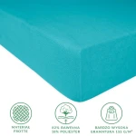 Prześcieradło frotte z gumką w kolorze turkusowym, o wymiarach 180x200 cm. Materiał: 82% bawełna, 18% poliester, tekstura delikatna i przyjemna w dotyku. Ujęcie z boku, ukazujące dopasowanie do materaca. Na białym tle, bez dodatkowych elementów.