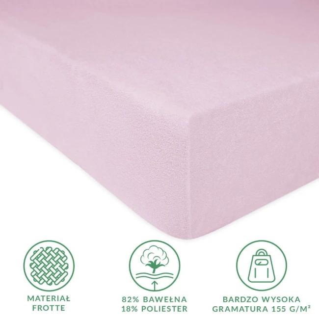 Prześcieradło frotte 180x200 w kolorze wrzosu, leżące na boku, z gumką. Wykonane z 82% bawełny i 18% poliestru, o wysokiej gramaturze 155 g/m². Gładka faktura, bez widocznych napisów czy logo. Tło jednolite, pastelowe.