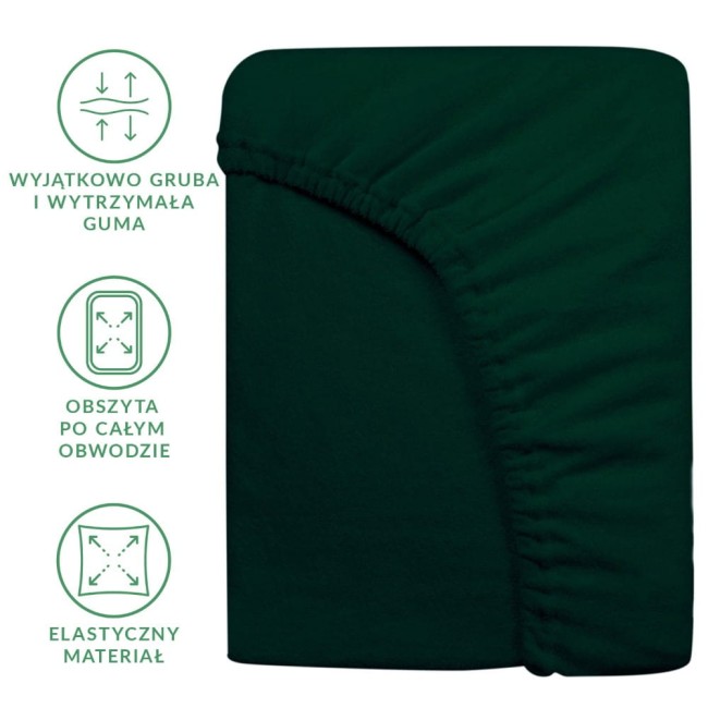 Prześcieradło frotte z gumką w kolorze zieleni butelkowej, rozmiar 180x200 cm. Produkt leżący, pokazany z przodu. Widoczne detale: elastyczna guma obwodowa, gruba faktura materiału. Prosty, jednolity kolor bez wzorów.