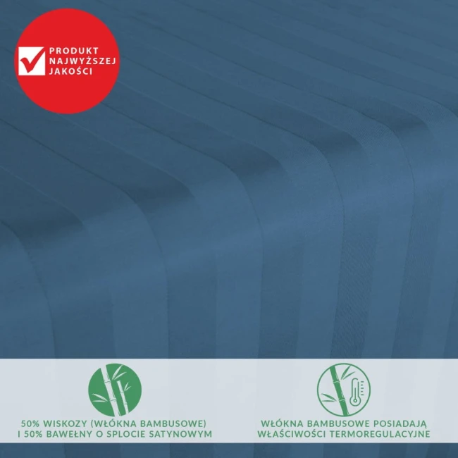 Prześcieradło bambusowe o wymiarach 220x260 cm, w chabrowym kolorze, wykonane z 50% włókien bambusowych i 50% bawełny w splocie satynowym. Widoczne pasy na powierzchni, rozłożone na gładkim tle.