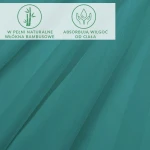 Bambusowe prześcieradło satynowe w kolorze turkusowym, o fakturze gładkiej. Widoczne w pionie, lekko falujące tkaniny. Na górze umieszczone ikony informujące o naturalnych włóknach bambusowych i właściwościach absorbujących wilgoć.