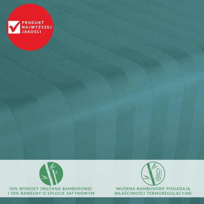 Bambusowe prześcieradło satynowe 160x240, w kolorze turkusowym z pionowymi paskami. Wykonane w 50% z włókna bambusowego i 50% z bawełny, z miękką i gładką fakturą. Ułożone poziomo, z czytelnymi informacjami o składzie materiału na dole.