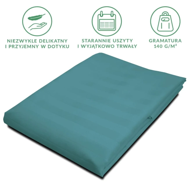 Prześcieradło bambusowe satyna bawełniana 160x240 w kolorze turkusowym, leżące na płasko, z widocznymi delikatnymi paskami. Materiał o gramaturze 140 g/m², starannie uszyty, wyjątkowo trwały, o gładkiej fakturze.