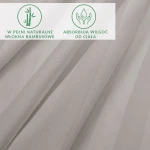 Prześcieradło bambusowe, szare, o fakturze satynowej, z wyraźnymi pasami. Widoczne napisy informujące o naturalnych włóknach bambusowych oraz ich właściwościach. Produkt ułożony w złożony sposób, pokazujący detale materiału.