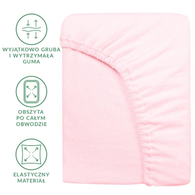 Prześcieradło frotte z gumką w kolorze róż kwarcowy o wymiarach 200x220 cm. Produkt leży na gładkim tle, widoczna elastyczna guma po całym obwodzie oraz miękka, teksturowana powierzchnia materiału. Przyjemny w dotyku, idealny do sypialni.
