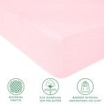 Prześcieradło frotte z gumką, w kolorze róż kwarcowy, o wymiarach 200x220 cm. Widoczne krawędzie i lekko teksturowana powierzchnia, zbliżenie na materiał. W tle na białym tle. Informacje o składzie: 82% bawełna, 18% poliester, wysoka gramatura 155 g/m².