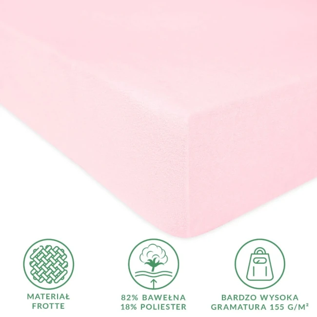 Prześcieradło frotte z gumką, w kolorze róż kwarcowy, o wymiarach 200x220 cm. Widoczne krawędzie i lekko teksturowana powierzchnia, zbliżenie na materiał. W tle na białym tle. Informacje o składzie: 82% bawełna, 18% poliester, wysoka gramatura 155 g/m².