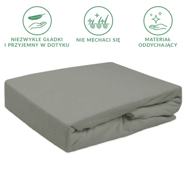 Prześcieradło frotte z gumką w kolorze szarym, o wymiarach 200x220 cm, leżące na gładkim tle. Wykonane z miękkiego, oddychającego materiału, z widoczną teksturą frotte. Produkt złożony, z gumką zapewniającą stabilność na materacu.