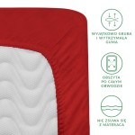 Prześcieradło satynowe z gumką 90x200 w kolorze czerwonym, z widoczną strukturą tkaniny. Ujęcie z boku pokazuje starannie wykończoną, elastyczną gumę obwodową, która zabezpiecza materiał przed zsuwaniem się. Tło białe, proste.