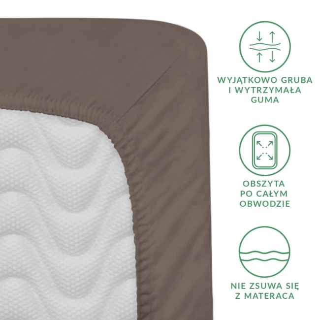 Prześcieradło satynowe z gumką 90x200 w kolorze sepia. Widok z przodu, przedstawiający detale obszycia oraz fakturę materiału.
