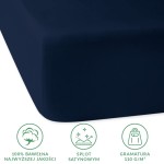 Prześcieradło satynowe z gumką 160x200 w ciemnym granacie. Ułożone poziomo z widokiem na krawędź, prezentujące gładką, lśniącą powierzchnię. W dolnej części widoczne ikony symbolizujące materiał, splot i gramaturę.