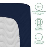 Prześcieradło satynowe z gumką w kolorze ciemnego granatu, materiał gładki i błyszczący, leżące na podłożu. Guma obwodowa zapewnia stabilność. Widoczne detale to tekstura tkaniny oraz faktura gumy. Produkt w rozmiarze 160x200 cm.